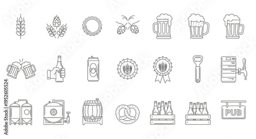 craft beer brewing and pub line icons set for beverage industry branding and web design elements