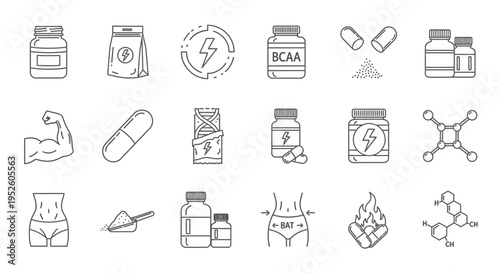fitness and nutrition supplements and body health icons illustrating energy muscle growth and fat burning for wellness products