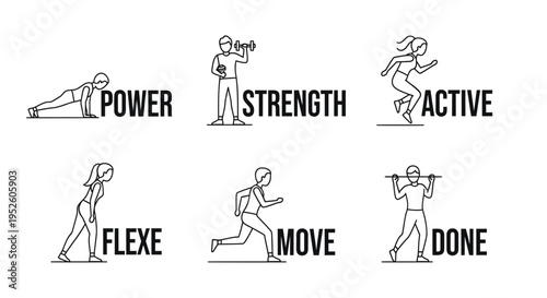 Set of 6 fitness icons vector, workout and exercise illustrations
