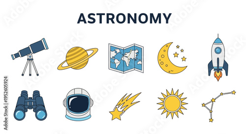 Astronomy and Space Exploration Icons Set.