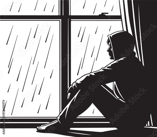 Sad person sitting by window on rainy day alone