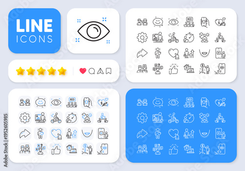 Volunteer, Friend and Shop app line icons for web app. Message, Share, Like social media icons. Pack of Online auction, Teamwork, Social care pictogram icons. Teacher, Chin, Doctor signs. Vector