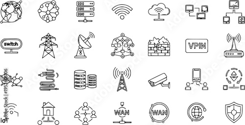 Networking, Internet, IoT, and IT Infrastructure Line Icons Set. Data, Cloud, Security, and Communication Technology Vector Symbols.