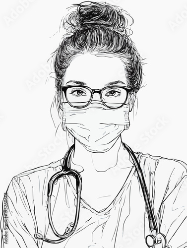 Naive hand-drawn illustration of a female doctor or nurse wearing a mask and stethoscope, suitable for healthcare promotions, medical websites, or educational materials.