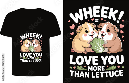 Cute guinea pig t shirt design with hearts and lettuce illustration