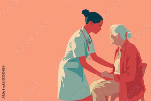 Stylized vector illustration of a nurse comforting an elderly patient, suitable for healthcare advertisements, medical websites, or senior care brochures. Copy space