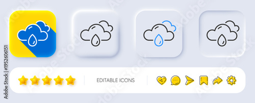 Rainy weather forecast line icon. Neumorphic, Flat shadow, 3d buttons. Clouds with rain sign. Cloudy sky symbol. Line rainy weather icon. Social media icons. Vector