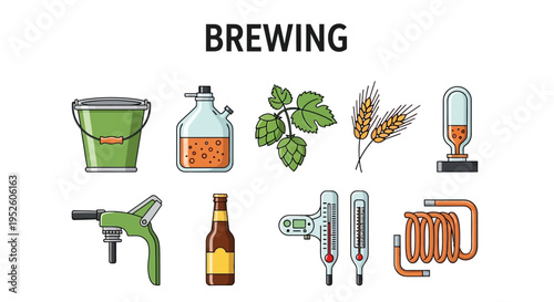Brewing beer equipment and ingredients.