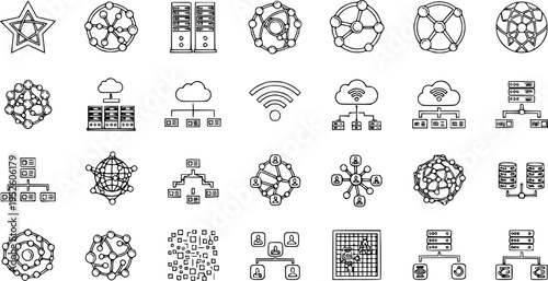 Networking and Data Technology Outline Icons Set: Cloud Computing, Servers, Databases, Connections, Wi-Fi, and Abstract Network Structures