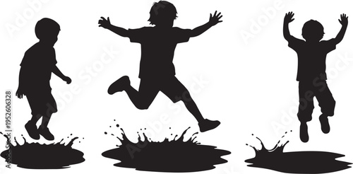 Silhouettes of children jumping in puddles on a white background