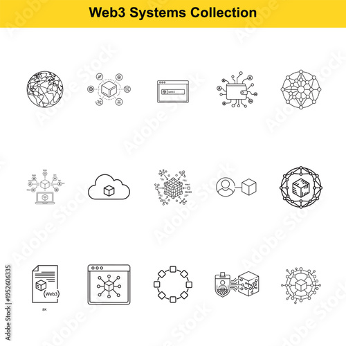 A collection of outline icons represents various concepts within Web3 decentralized systems, blockchain technology, and digital asset management.