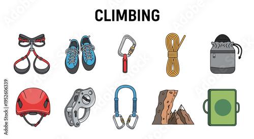 Climbing gear and equipment illustration set.