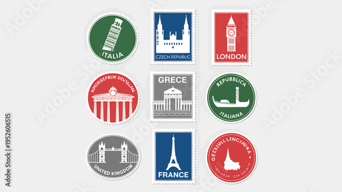 Travel stamps of various European countries and cities icons set