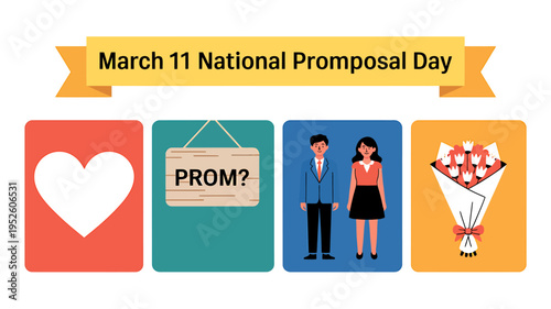 National Promposal Day March 11 colorful flat design icons set with heart and flowers