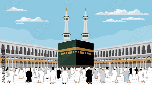 Large group of people gathered around the Kaaba in Mecca Saudi Arabia mosque