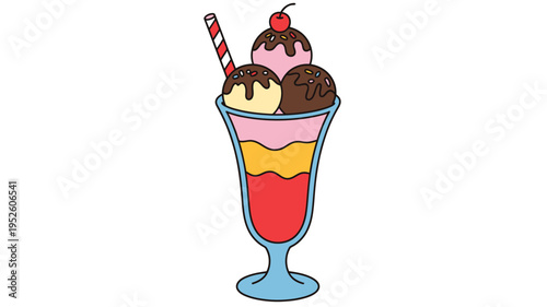 Colorful cartoon illustration of ice cream sundae in tall glass