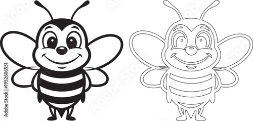 Coloring book page of happy bee for kids to color and learn