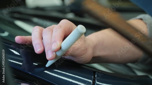 PDR. Process of paintless dent repair on car body. The mechanic at the auto shop with tools to repair dents in car body. Body repair. A specialist repairs a dent on the car body without painting.