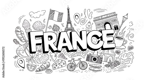 France travel and tourism concept with iconic landmarks and food illustrations