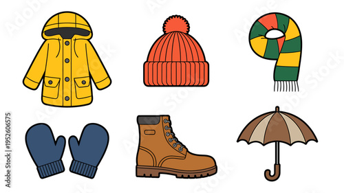 Winter clothing and accessories for cold weather conditions  raincoat  hat  scarf