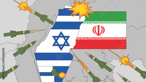 Israel and Iran flags on map with rockets and explosions
