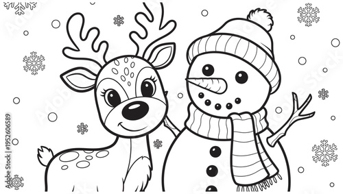 Reindeer and snowman friends coloring book page for kids winter fun