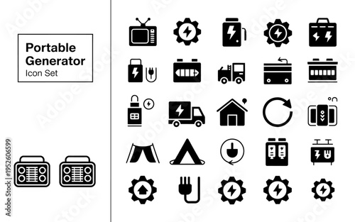 Portable generator icon set with various power and battery symbols and logos