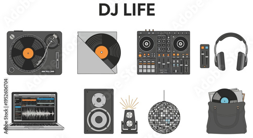 DJ equipment and accessories on table.