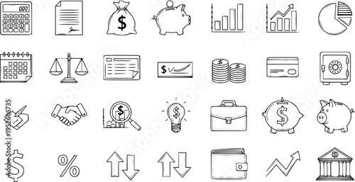 Hand-Drawn Finance and Business Icons Set - Economy, Money, Investment, Banking, and Accounting Doodle Symbols Collection