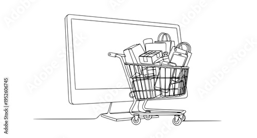 A minimalist line art illustration of a shopping cart filled with bags in front of a computer monitor