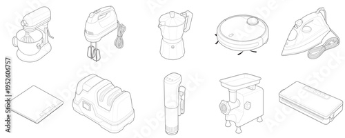 Isometric line illustration of household appliances and kitchen tools set including mixer, vacuum cleaner, iron, and food preparation equipment for domestic use.