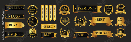 Luxury Gold Labels and Badges Collection, Exclusive VIP Emblems and Ribbon Designs Vector.