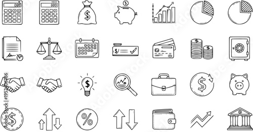 Hand-Drawn Financial and Business Icons Set. Doodle collection for banking, money, investment, accounting, and economic concepts in sketch style.