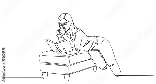 A woman relaxing on an ottoman with a laptop and coffee