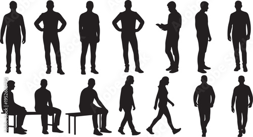 Silhouettes of people in various poses and actions standing