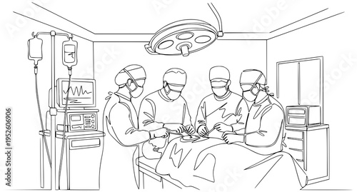 A medical team performs surgery in a modern operating room setting
