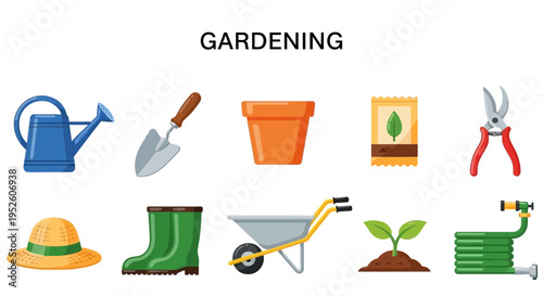 Gardening tools and accessories icon set.
