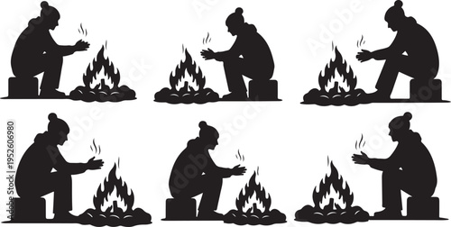 Silhouette of a person sitting by a campfire sequence
