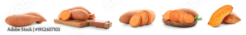 Photos Set of orange sweet potatoes isolated on white