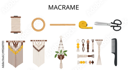Macrame crafting tools and materials.