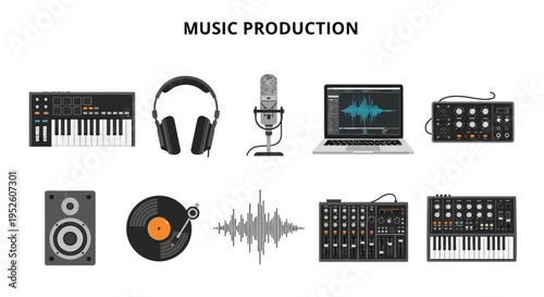 Music production studio equipment and tools.