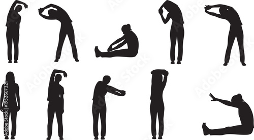 Silhouettes of people in various yoga poses and stretches