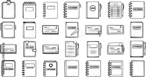 Hand-drawn checkbook, check, and notepad icon set. Financial document sketches, accounting and banking symbols in doodle style.