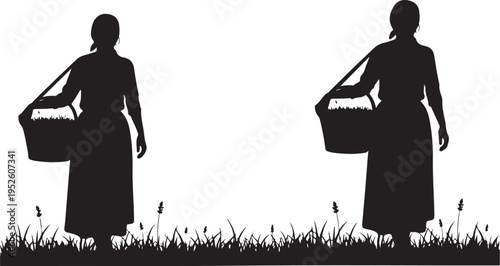 Silhouette of women with baskets in a grassy field