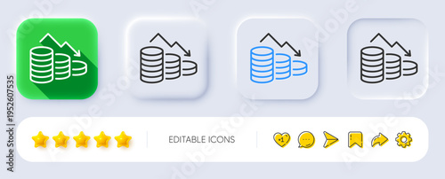 Money loss line icon. Neumorphic, Flat shadow, 3d buttons. Financial crisis sign. Business bankruptcy symbol. Line money loss icon. Social media icons. Vector