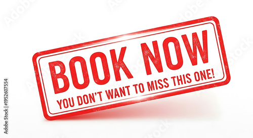 Red rubber stamp with book now text on white background