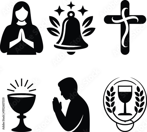 Icons representing key elements of christian worship and faith symbols