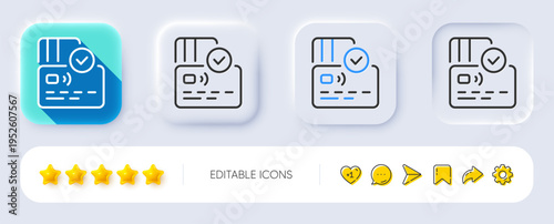 Credit card line icon. Neumorphic, Flat shadow, 3d buttons. Approved bank money payment sign. Non-cash pay symbol. Line card icon. Social media icons. Vector