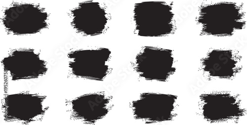 A collection of 12 black ink brush strokes on a white background