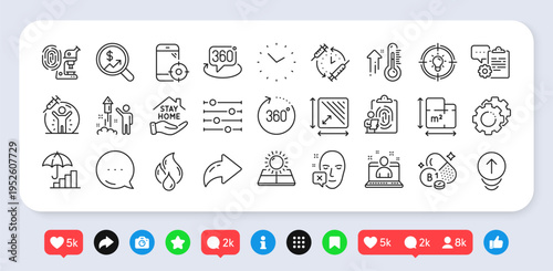 Currency audit, Settings gears and Thiamine vitamin line icons pack. Social media: share, comment, like icons. Best manager, 360 degree, Stay home web icon. Vector